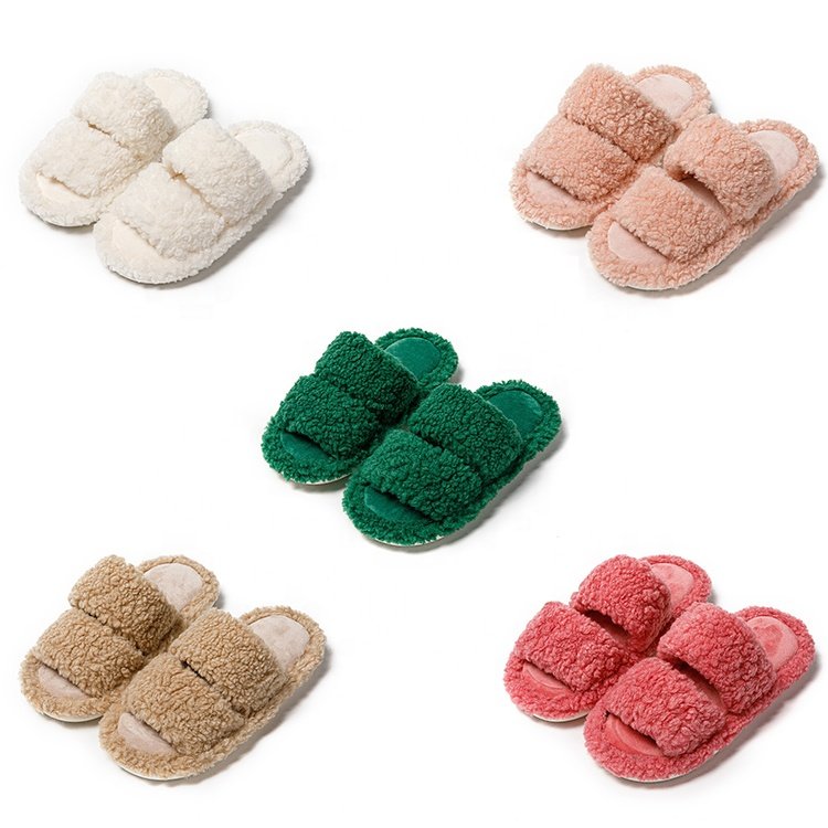Germany Hot Sale Red Color Warm Double Strap Furry Lamb Curly Fluffy Flat Slippers Women Plush Indoor Fur Slides Slippers