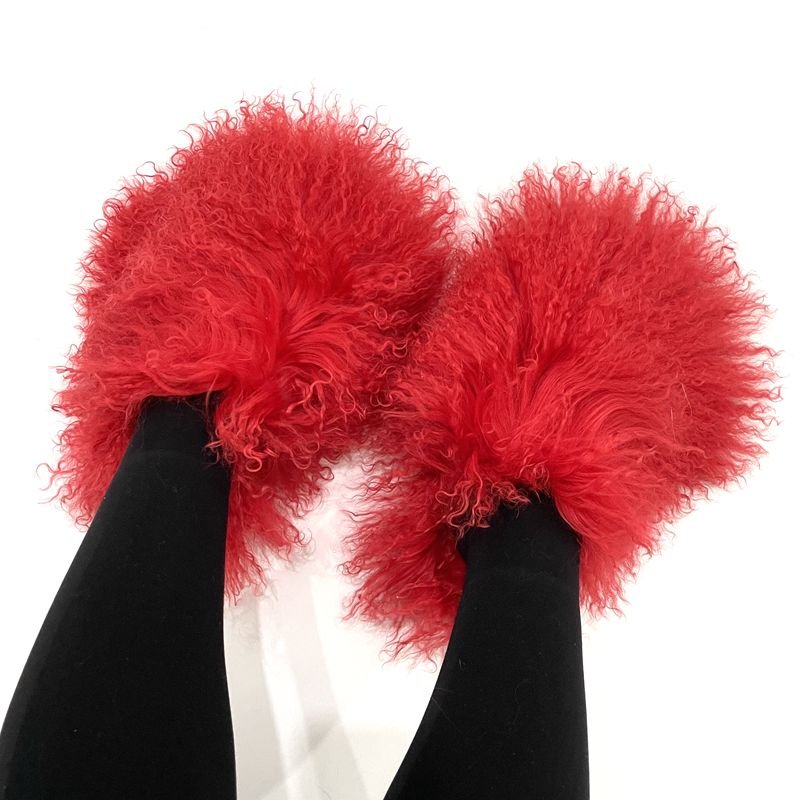 2024 New Designer long hair sheep fur slides Mongolian fur slippers with customized color