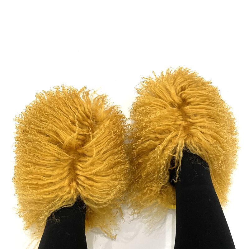 2024 New Designer long hair sheep fur slides Mongolian fur slippers with customized color