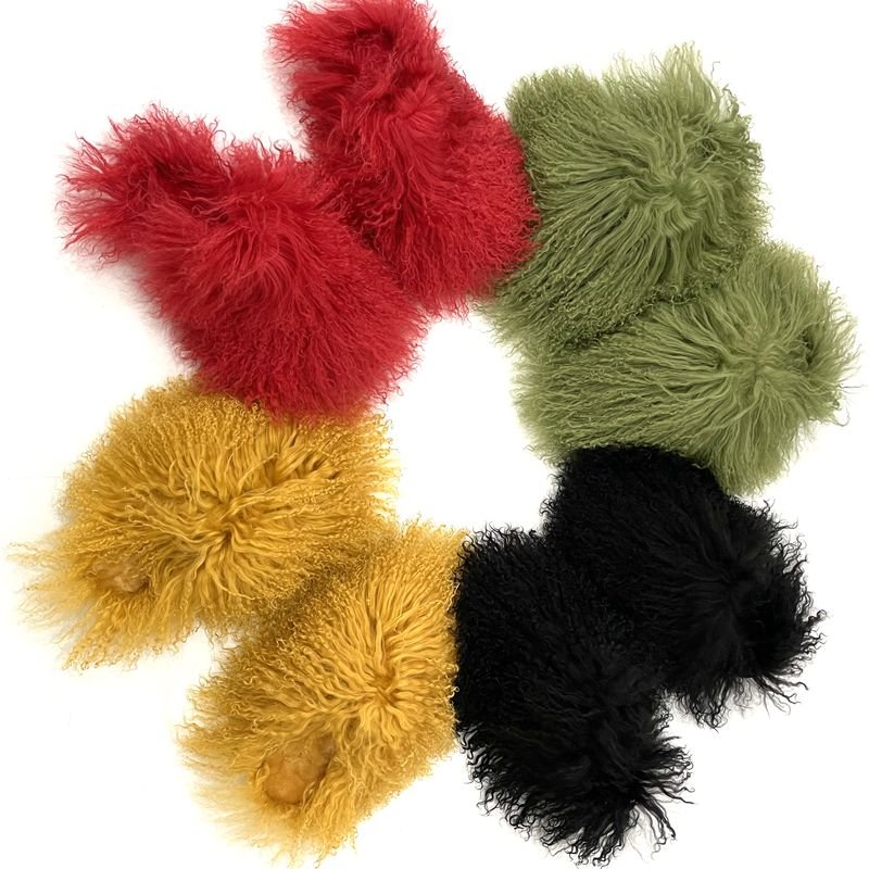 2024 New Designer long hair sheep fur slides Mongolian fur slippers with customized color