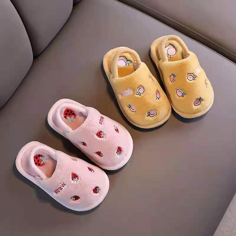 Wholesale Price Indoor House Soft Insole With Back Strap Fruit Cartoon Upper Fur Slipper For Kids