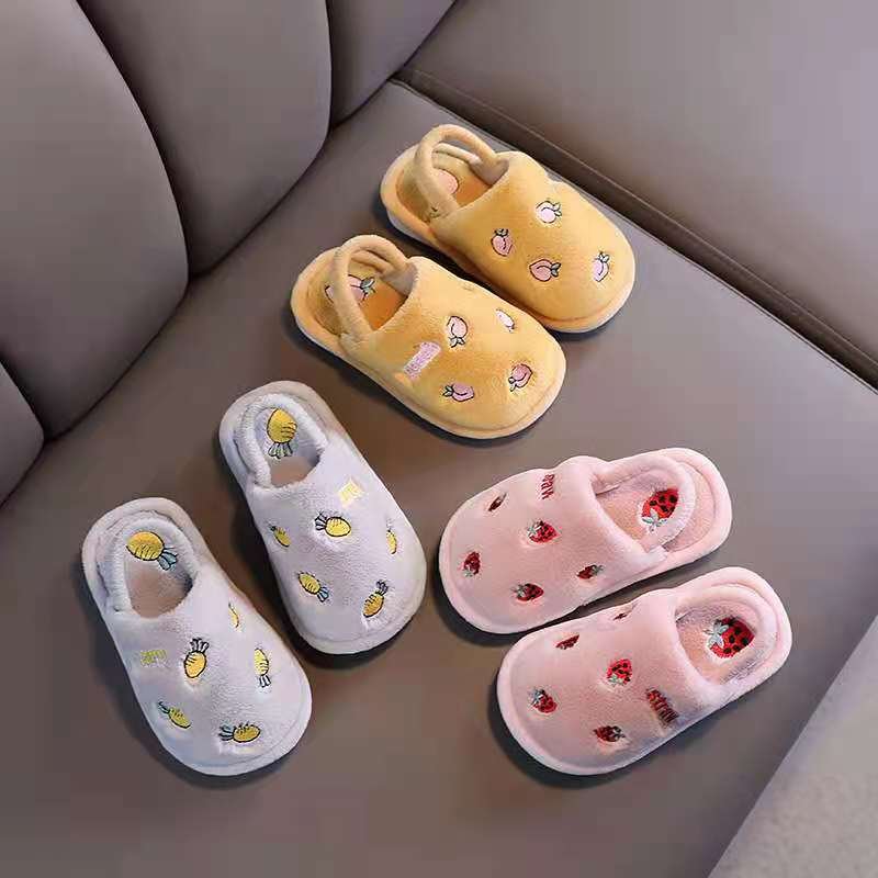 Wholesale Price Indoor House Soft Insole With Back Strap Fruit Cartoon Upper Fur Slipper For Kids