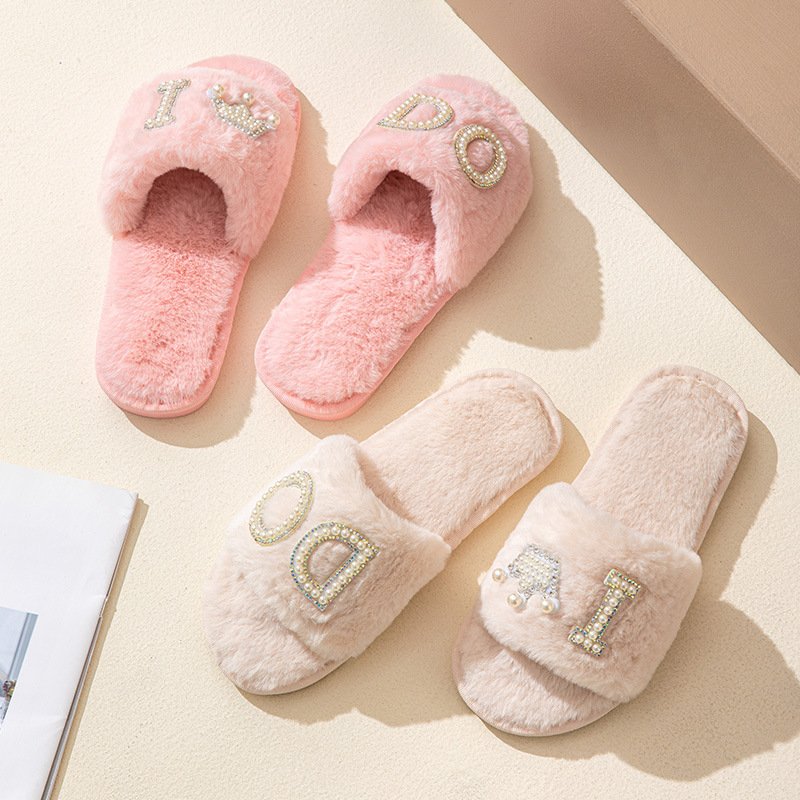 Women's I Do Slides Non-Slip Faux Rabbit Fur Wedding Slippers with Plush Insole Bride Slides Slipper