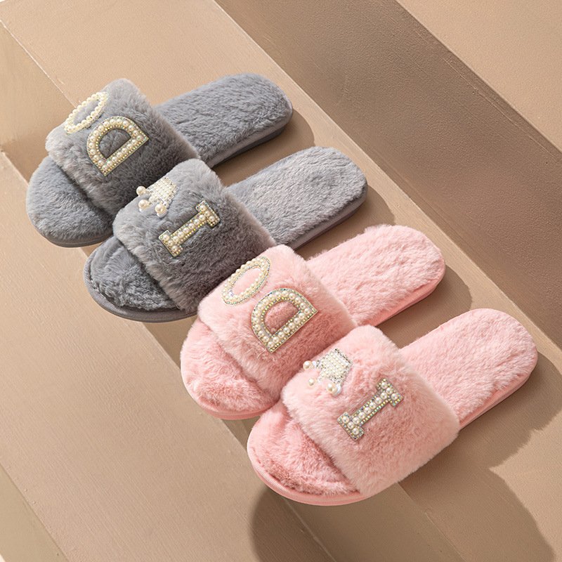Women's I Do Slides Non-Slip Faux Rabbit Fur Wedding Slippers with Plush Insole Bride Slides Slipper