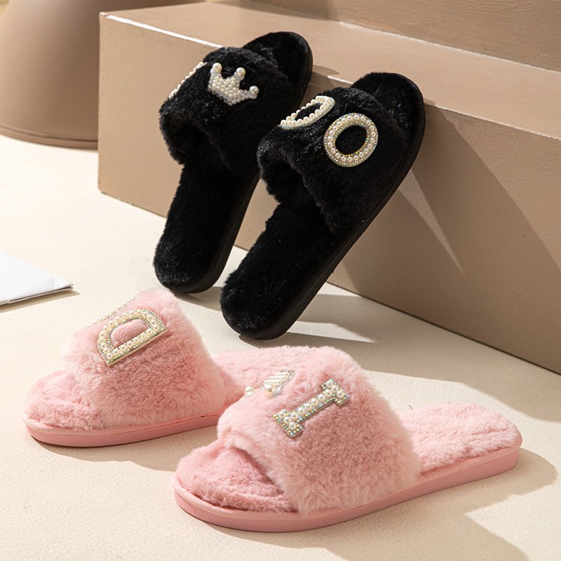 Women's I Do Slides Non-Slip Faux Rabbit Fur Wedding Slippers with Plush Insole Bride Slides Slipper