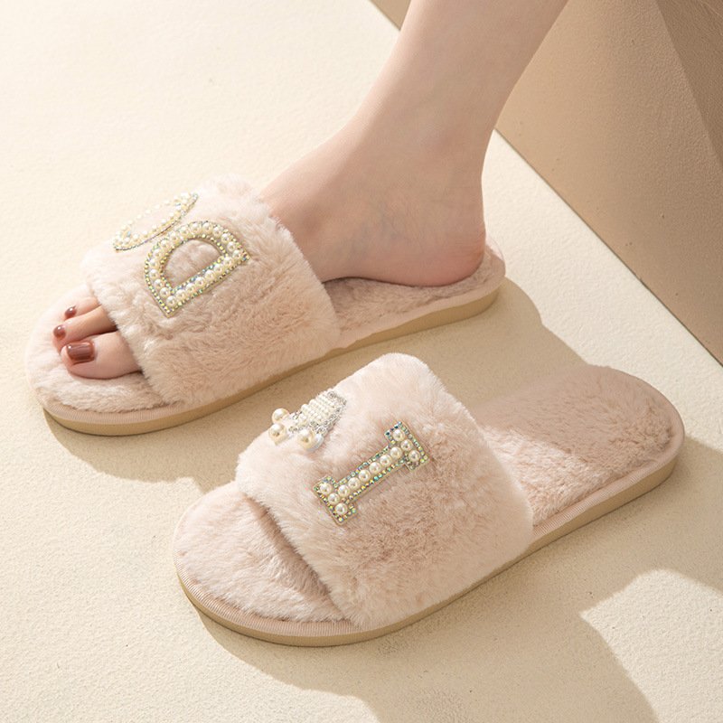 Women's I Do Slides Non-Slip Faux Rabbit Fur Wedding Slippers with Plush Insole Bride Slides Slipper