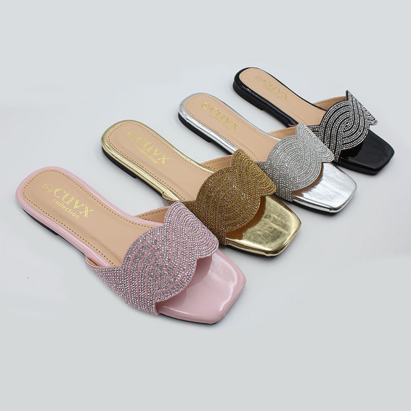 ladies shoes sandals open toe rhinestone flip flops women square-top slippers summer fashion flat trending women shoes 2024