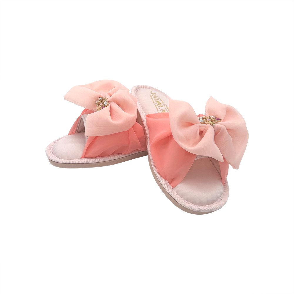 Womens Plush Satin Open Toe Memory Foam Spa Slippers for Ladies with TPR Sole Bow Band Home Slides Slippers