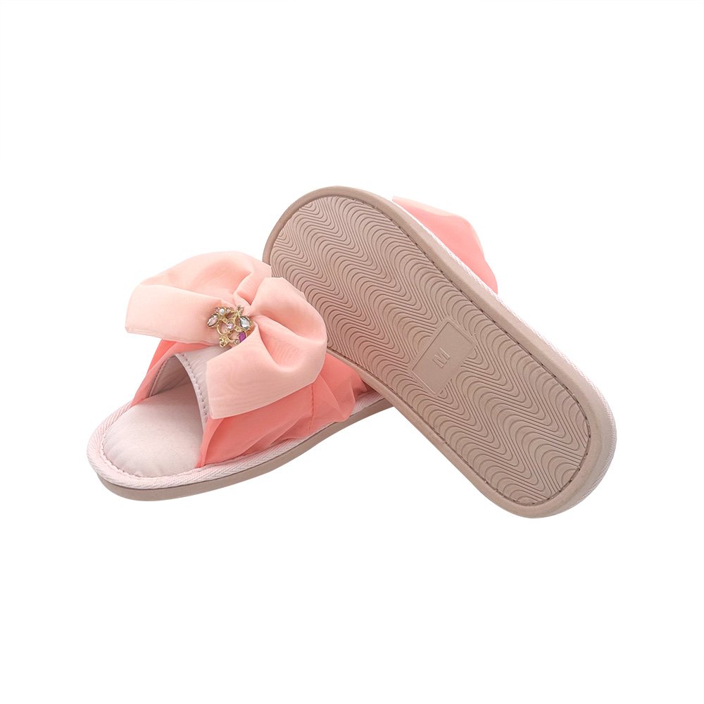 Womens Plush Satin Open Toe Memory Foam Spa Slippers for Ladies with TPR Sole Bow Band Home Slides Slippers