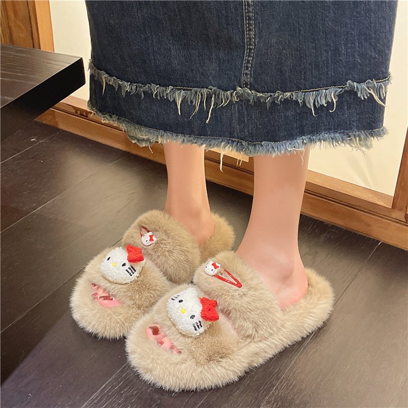 Autumn and Winter Female Cotton Slippers with Thick Sole Cute Cat Fluffy Design Comfortable outside Wear Slides Slippers