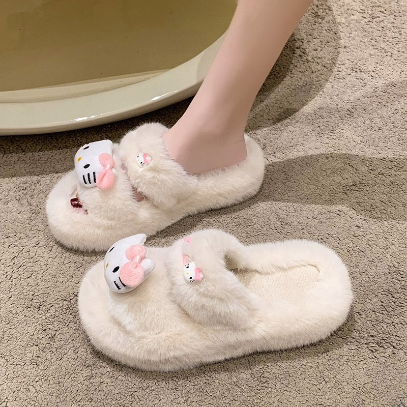 Autumn and Winter Female Cotton Slippers with Thick Sole Cute Cat Fluffy Design Comfortable outside Wear Slides Slippers