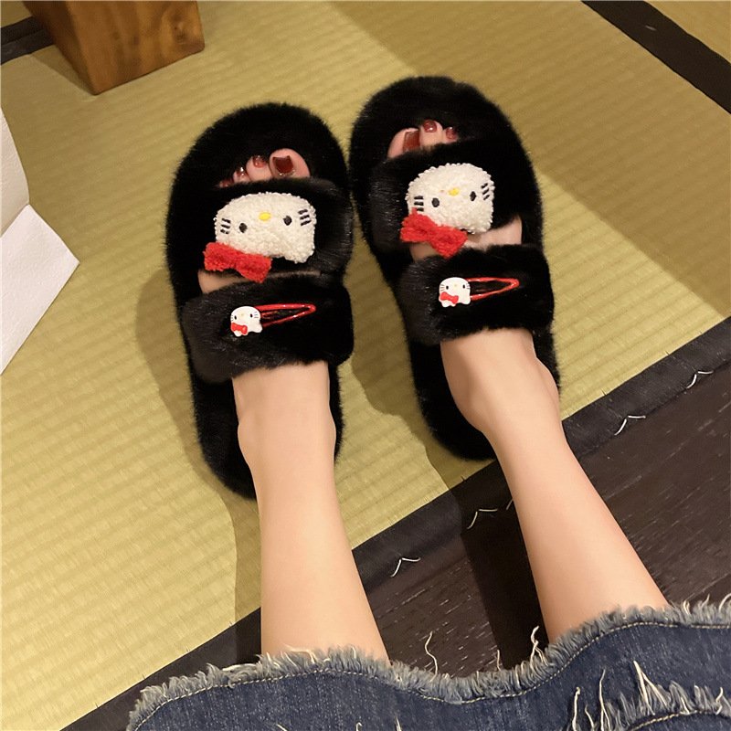 Autumn and Winter Female Cotton Slippers with Thick Sole Cute Cat Fluffy Design Comfortable outside Wear Slides Slippers