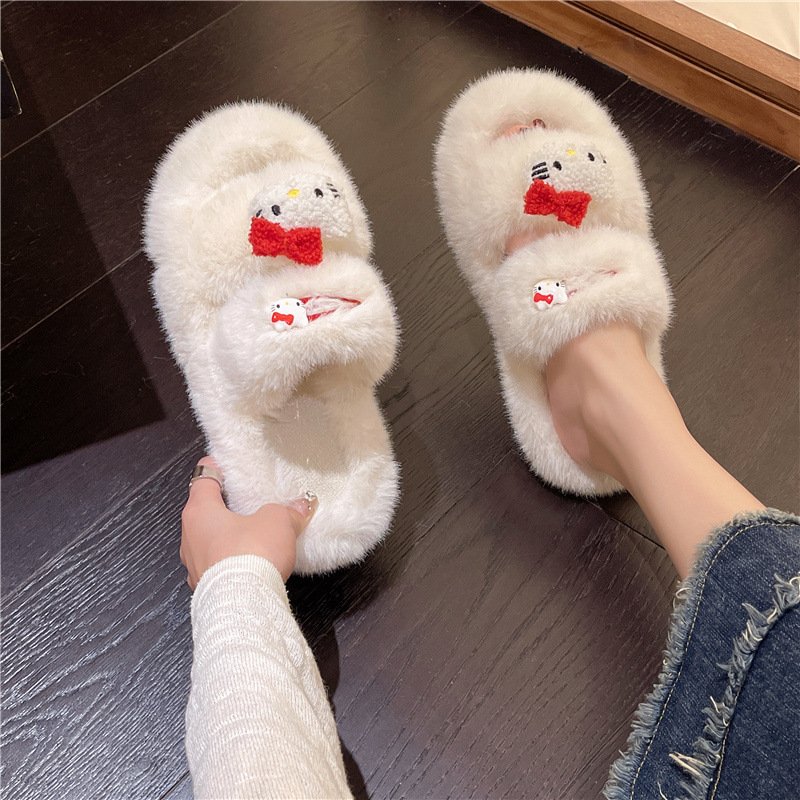 Autumn and Winter Female Cotton Slippers with Thick Sole Cute Cat Fluffy Design Comfortable outside Wear Slides Slippers