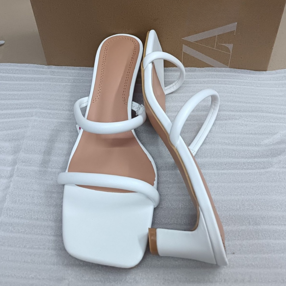 Medium heeled slippers large size 42 ZA Shoes 2024 summer designer Slides Slippers square toe white women's shoes