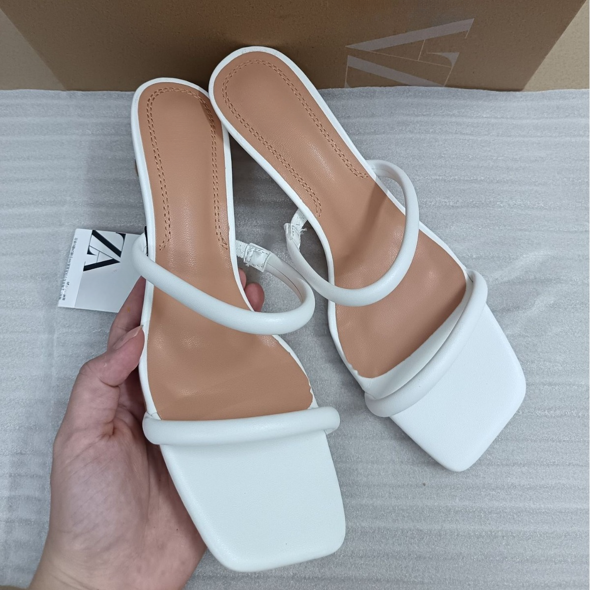 Medium heeled slippers large size 42 ZA Shoes 2024 summer designer Slides Slippers square toe white women's shoes