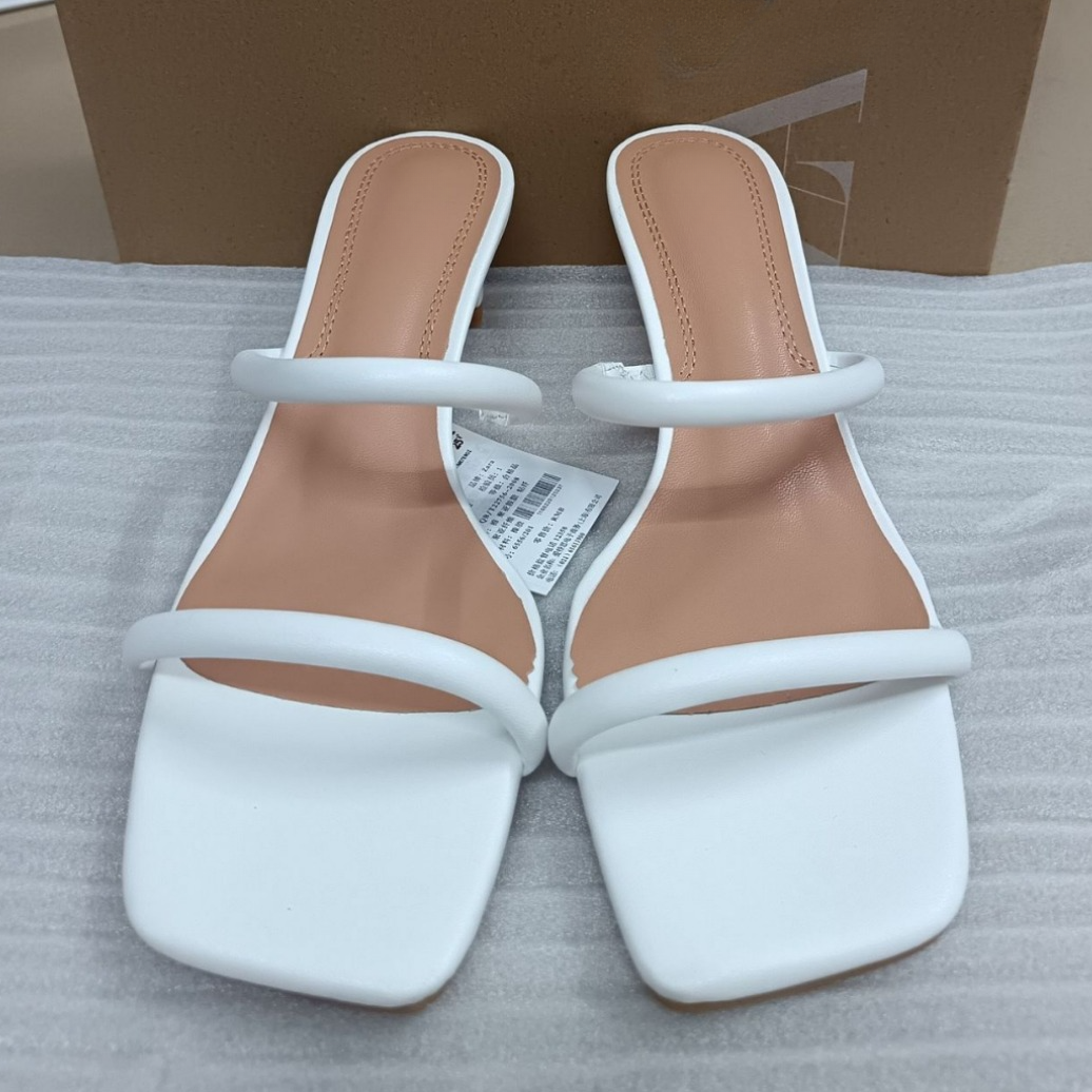Medium heeled slippers large size 42 ZA Shoes 2024 summer designer Slides Slippers square toe white women's shoes