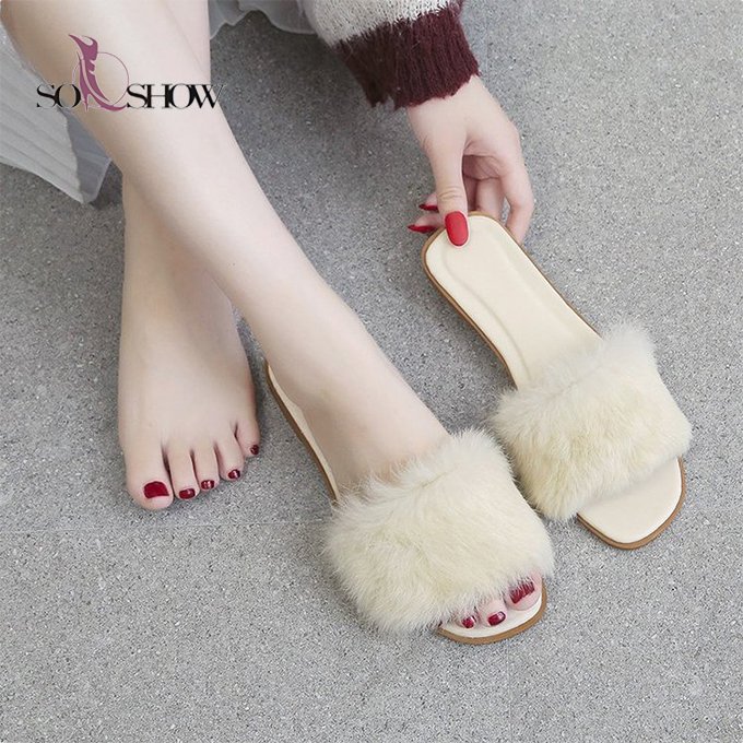 Stylish big size slides house flat furry slippers women casual slippers with multi-colors