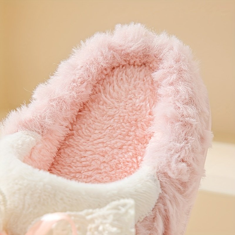 Ladies Cute Pink Lace Bow Home Plush Cotton Slippers for Autumn and Winter Comfortable Non-Slip and Durable Warm Style