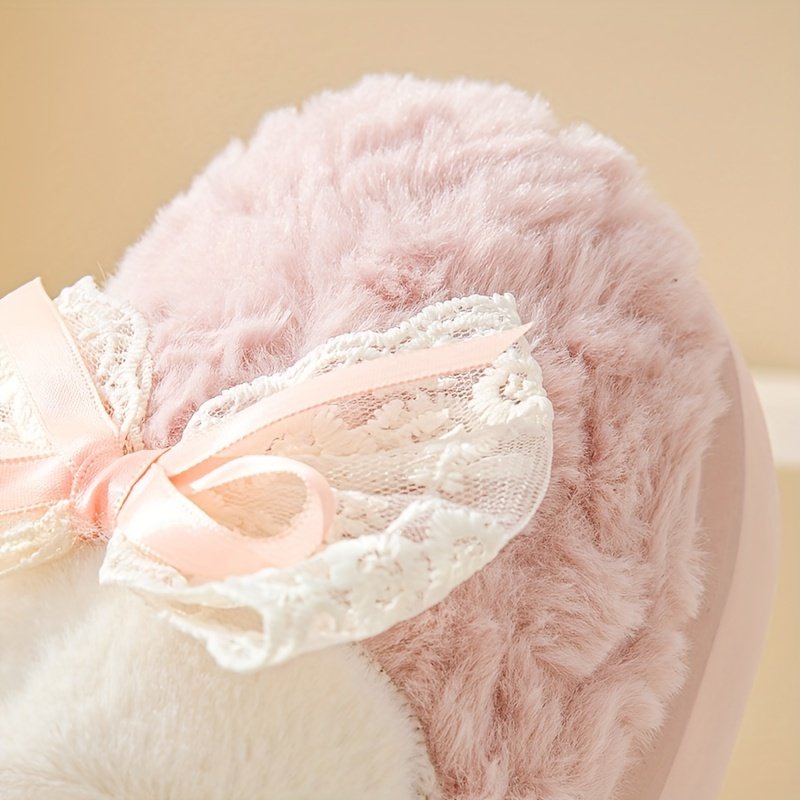 Ladies Cute Pink Lace Bow Home Plush Cotton Slippers for Autumn and Winter Comfortable Non-Slip and Durable Warm Style
