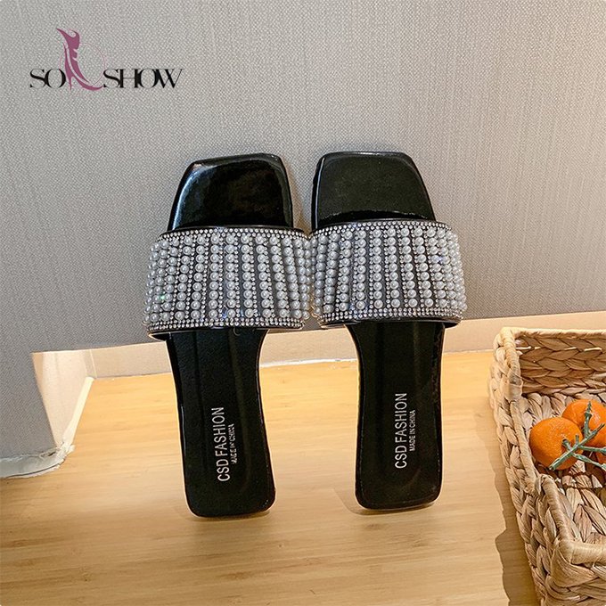 Fashion women's pu sandals with rhinestone wholesale summer slippers flat beach slippers