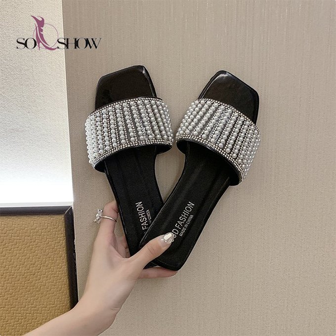 Fashion women's pu sandals with rhinestone wholesale summer slippers flat beach slippers