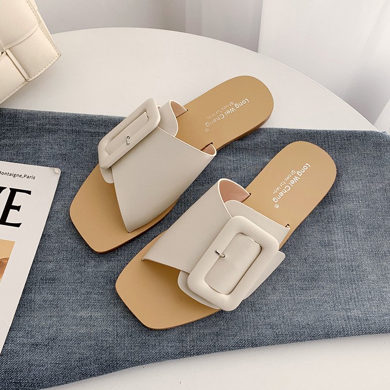 New Style Hollow One Line Design Girls Flip Flops Flat Sandals Square Head Ladies Slippers