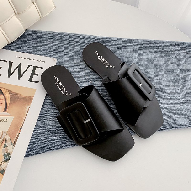 New Style Hollow One Line Design Girls Flip Flops Flat Sandals Square Head Ladies Slippers