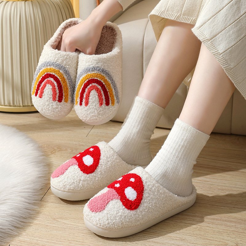Trendy Chancleta Cute Rainbow Cartoon Unisex Lady Man Couple Winter Soft Fleece Flat Plush Fluffy Fur Home Slippers For Women