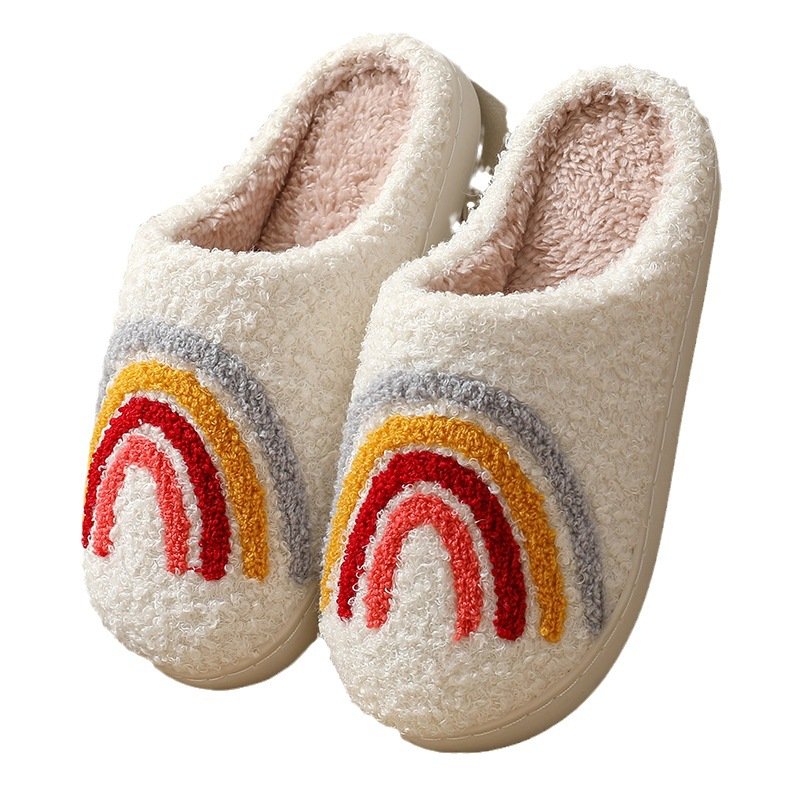 Trendy Chancleta Cute Rainbow Cartoon Unisex Lady Man Couple Winter Soft Fleece Flat Plush Fluffy Fur Home Slippers For Women