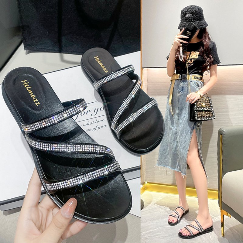 Customize Outdoor bling Decoration Flat Women Sandals outdoor Slides Slippers For Ladies Women Flat Sandals