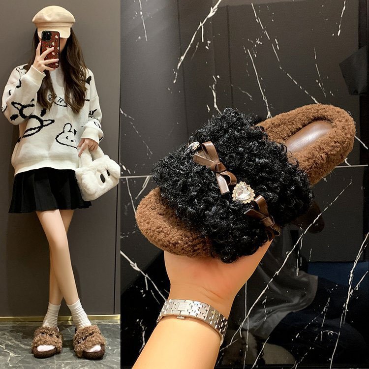 Factory Direct Wholesale slippers with bow open toed fuzzy slippers winter designer slippers