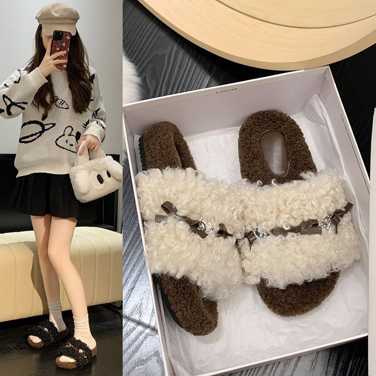 Factory Direct Wholesale slippers with bow open toed fuzzy slippers winter designer slippers