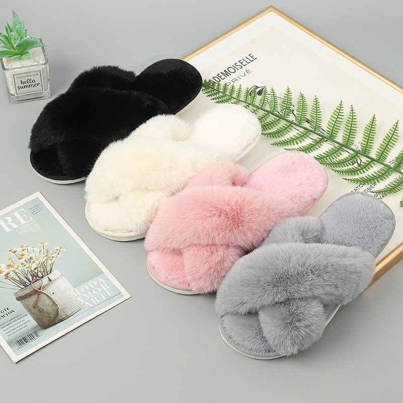 Soft And Cozy Fur Women's Home Slippers Cross Non-slip Slides Slippers Indoor Outdoor Open Toe Warm Home Slippers