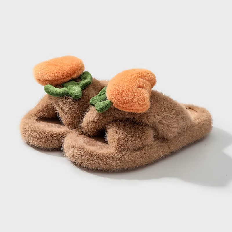 Winter Cross Open Toe tulip flowers Fur Slides Slippers indoor Fluffy Fuzzy Home Slippers
