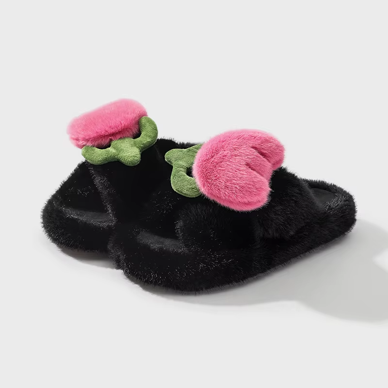 Winter Cross Open Toe tulip flowers Fur Slides Slippers indoor Fluffy Fuzzy Home Slippers