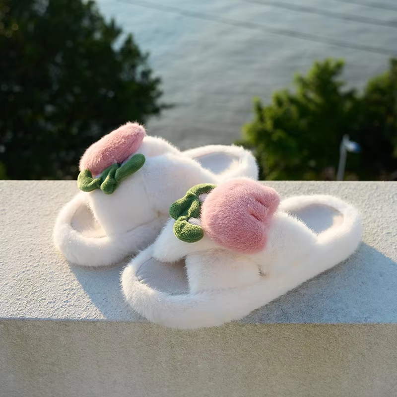 Winter Cross Open Toe tulip flowers Fur Slides Slippers indoor Fluffy Fuzzy Home Slippers