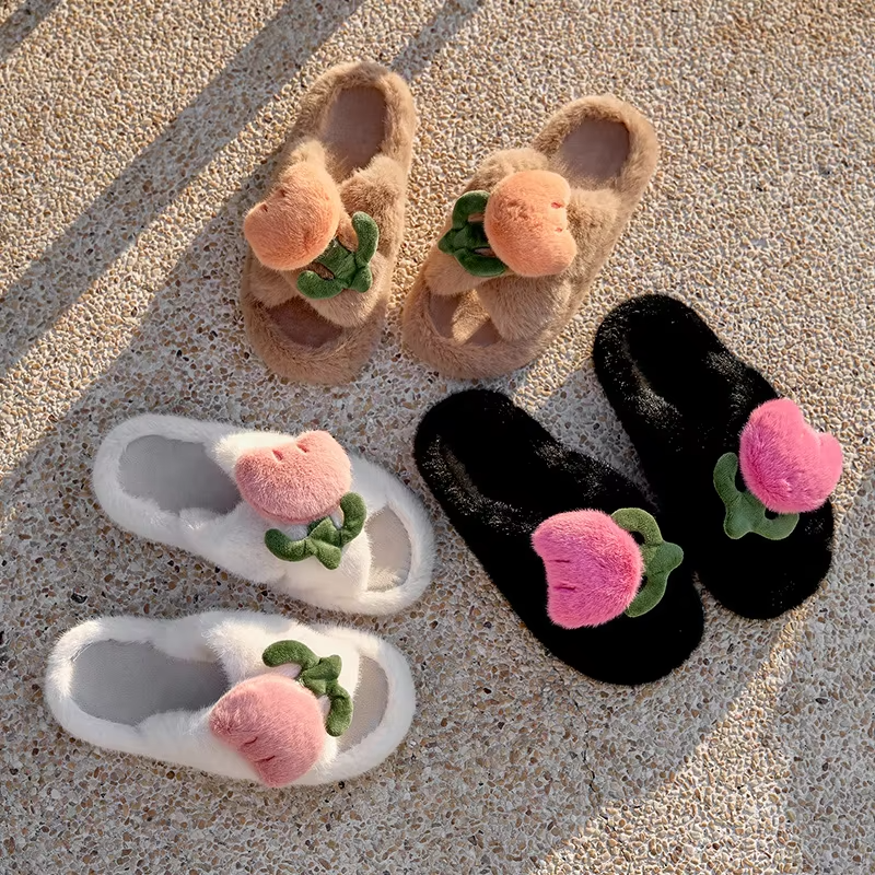 Winter Cross Open Toe tulip flowers Fur Slides Slippers indoor Fluffy Fuzzy Home Slippers