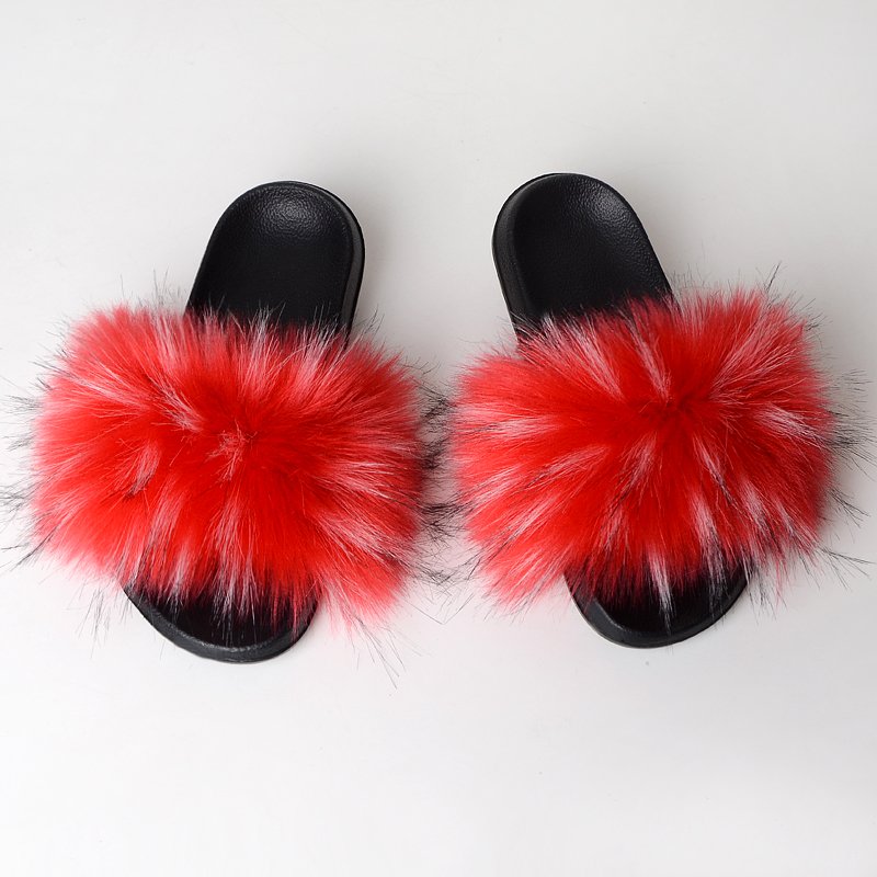 Women's Fur Slippers Plush faux fox raccoon fur slide women fluffy racoon fur slipper scandals shoes