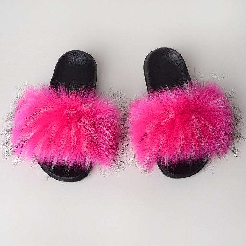 Women's Fur Slippers Plush faux fox raccoon fur slide women fluffy racoon fur slipper scandals shoes