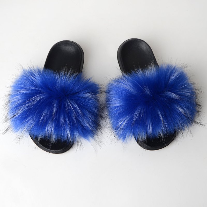 Women's Fur Slippers Plush faux fox raccoon fur slide women fluffy racoon fur slipper scandals shoes