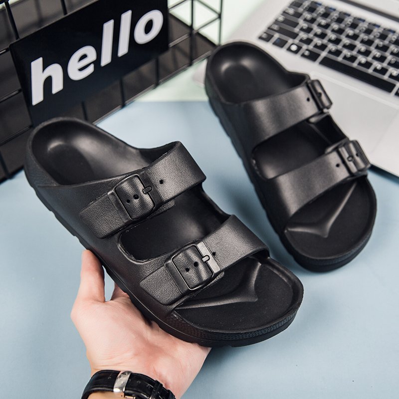 Men's Summer Open Toe Brand Simple Sandals Double Buckle Non-Slip Comfortable Breathable Light Weight Soft EVA Slides Slippers