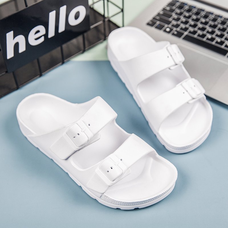 Men's Summer Open Toe Brand Simple Sandals Double Buckle Non-Slip Comfortable Breathable Light Weight Soft EVA Slides Slippers