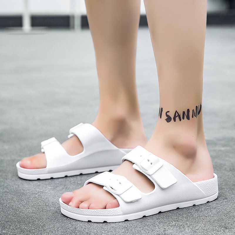 Men's Summer Open Toe Brand Simple Sandals Double Buckle Non-Slip Comfortable Breathable Light Weight Soft EVA Slides Slippers