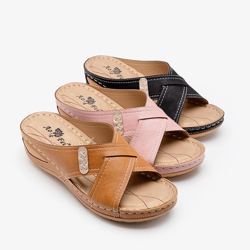 2024 Platform Slipper Wedge Heels Slip On Cross Strap Women's PU Slides Sandals