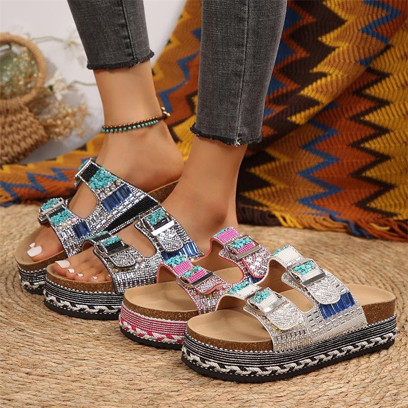 Women Slippers Wholesale Rhinestone Fashion Anti-slippery Beach Casual Sandals 2024 New Comfortable Platform Slippers For Ladies