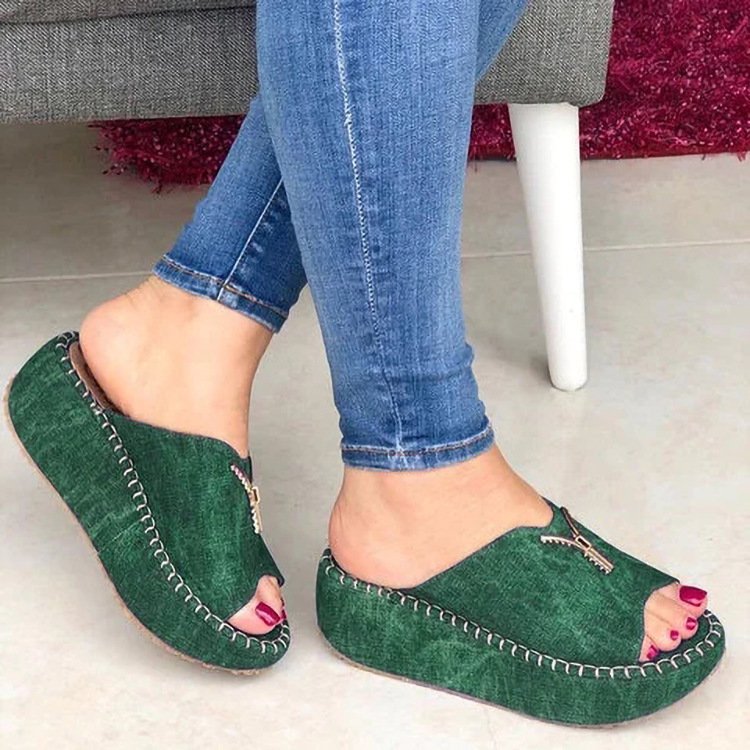 Wholesale Round Head Single Strap Zipper Decoration Thick Sole Slippers Slope Heel Ladies Slippers Thick Sole Sandals For Women