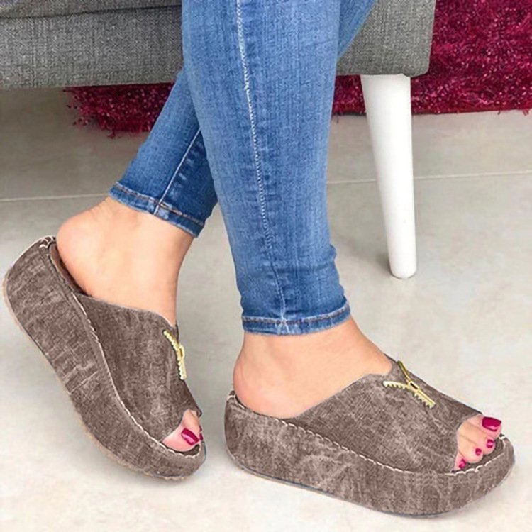 Wholesale Round Head Single Strap Zipper Decoration Thick Sole Slippers Slope Heel Ladies Slippers Thick Sole Sandals For Women