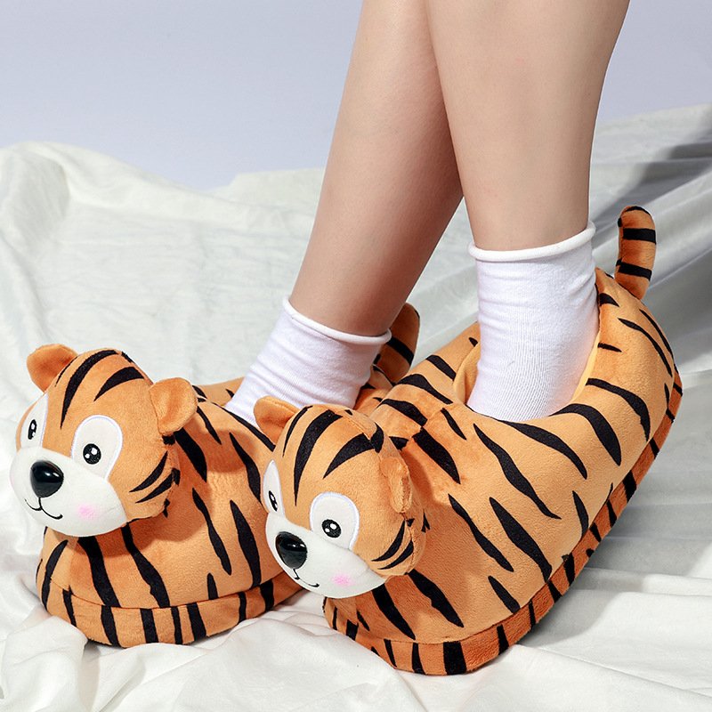 Custom Plush Slides Animal Tiger Design Unisex Cartoon Winter Warm Cozy Plush Slippers