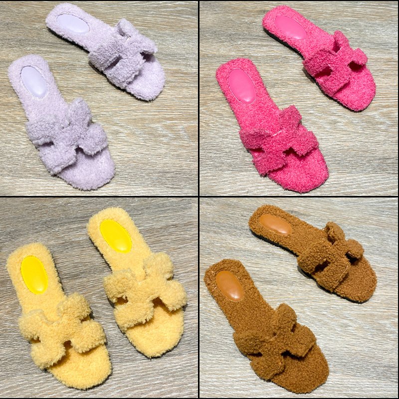 Women Winter Fancy Indoor Faux Fur Slide for Outdoor Lady Casual Soft Warm Faux Suede Slide Slippers Shoes