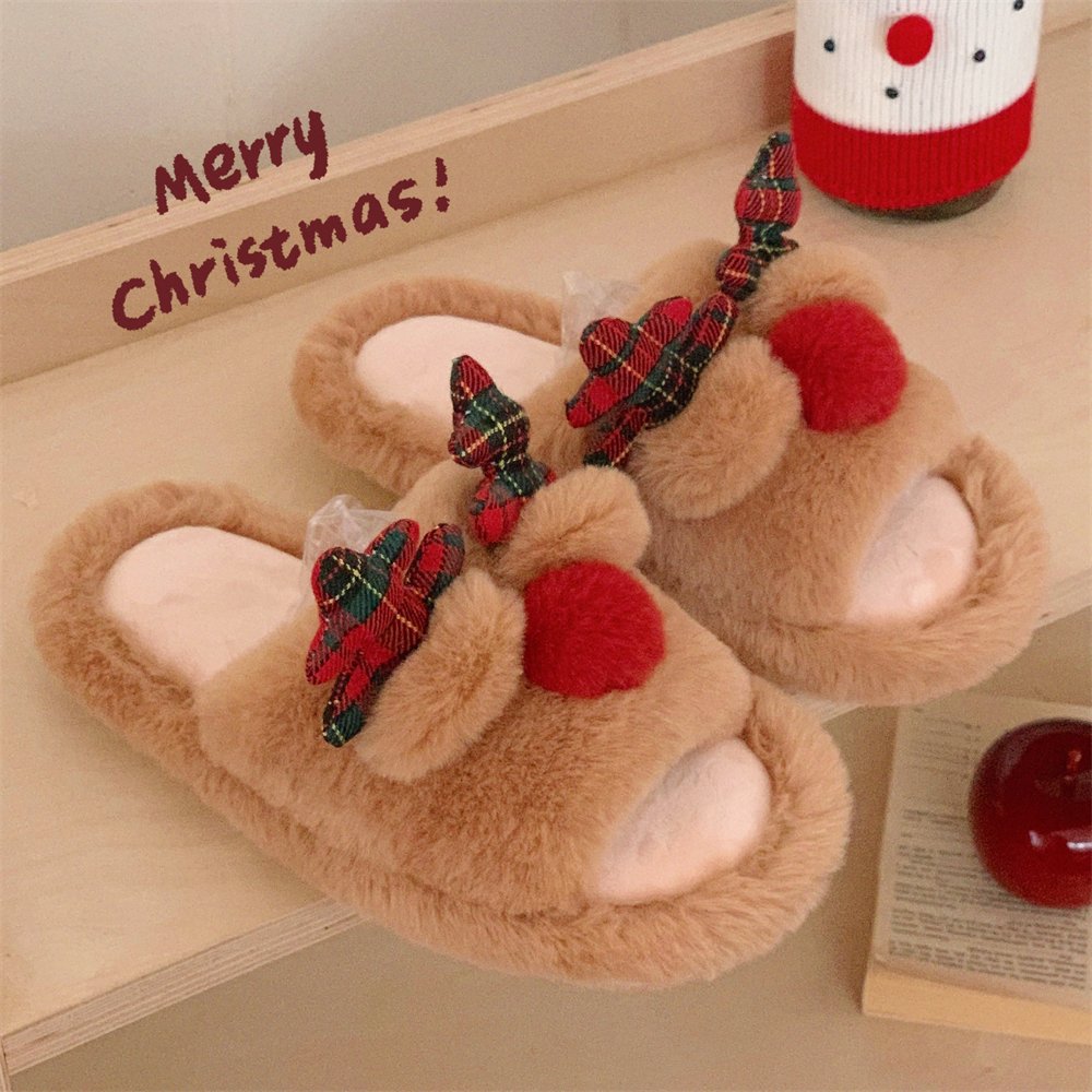 XIXITIAO new styles 2024 Christmas deer fashion fur slippers cotton fall slippers fluffy house plush slippers